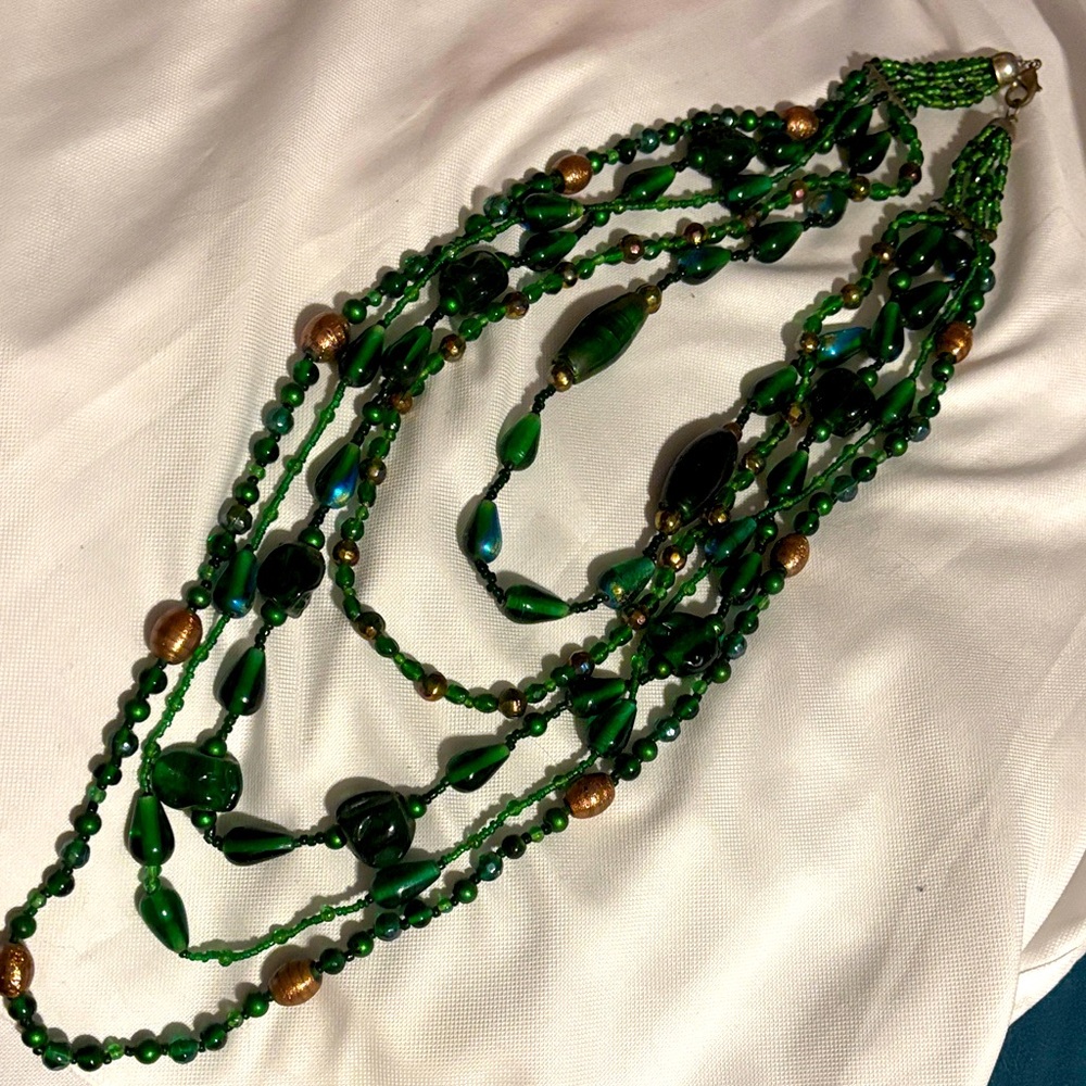 Heavy 5 strand Green & gold glass Necklace 26” short strand 40” long strand